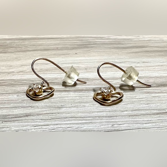 Vintage 14K Yellow Gold Designer Signed ZZ Heart Shaped Drop CZ Earrings - Picture 2 of 3